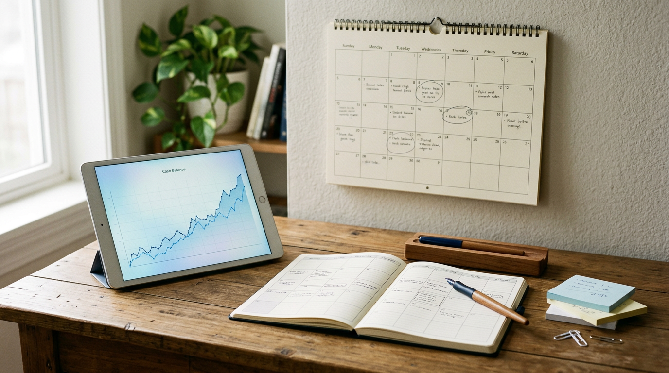 Wandkalender en weekplanner op een bureau met tablet met saldografiek