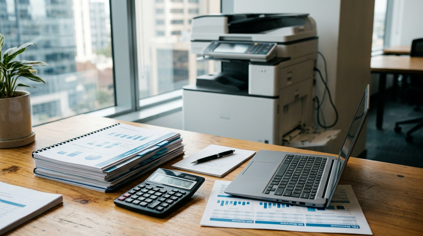 Bureau met financiële rapporten, rekenmachine en laptop met winst-en-verliesrekening