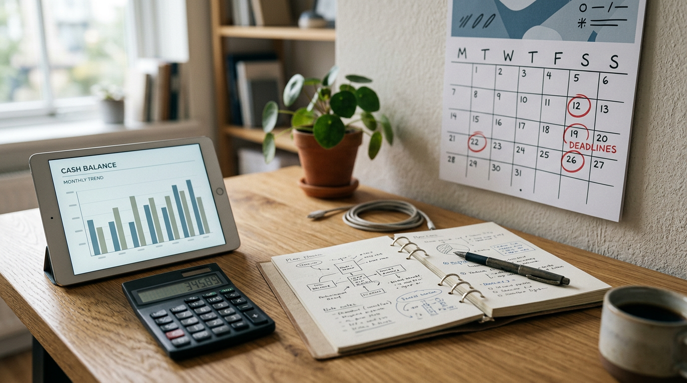 Wandkalender met deadlines, rekenmachine en tablet met cashflowgrafiek