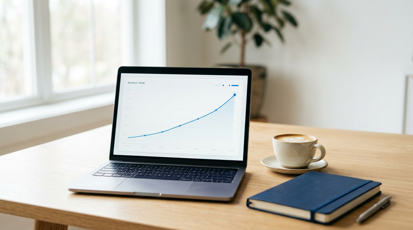 Laptop met stijgende lijngrafiek van terugkerende omzet naast een notitieboek en koffie