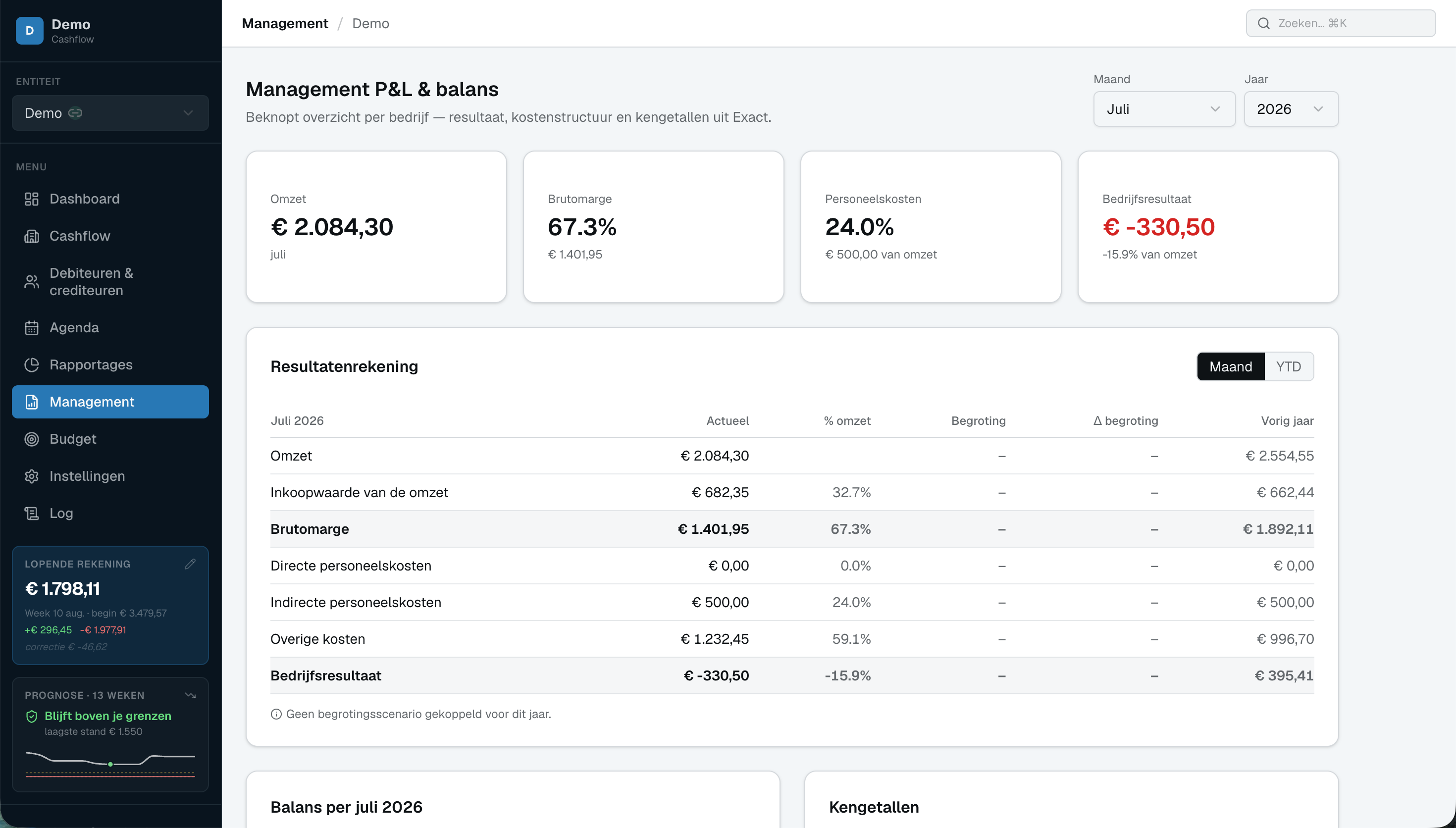 Management P&L en balans met kengetallen zoals solvabiliteit